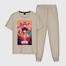 Мужская пижама хлопок с принтом BTS kpop anime в Санкт-Петербурге, 100% хлопок | брюки и футболка прямого кроя, без карманов, на брюках мягкая резинка на поясе и по низу штанин
 | 