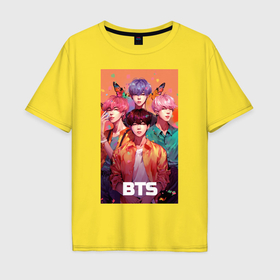 Мужская футболка хлопок Oversize с принтом BTS kpop anime в Кировске, 100% хлопок | свободный крой, круглый ворот, “спинка” длиннее передней части | Тематика изображения на принте: 