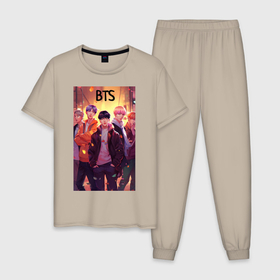 Мужская пижама хлопок с принтом BTS kpop    anime в Санкт-Петербурге, 100% хлопок | брюки и футболка прямого кроя, без карманов, на брюках мягкая резинка на поясе и по низу штанин
 | 
