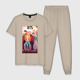 Мужская пижама хлопок с принтом BTS music anime в Санкт-Петербурге, 100% хлопок | брюки и футболка прямого кроя, без карманов, на брюках мягкая резинка на поясе и по низу штанин
 | 