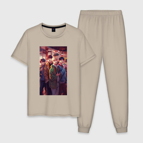 Мужская пижама хлопок с принтом Kpop BTS anime  style в Санкт-Петербурге, 100% хлопок | брюки и футболка прямого кроя, без карманов, на брюках мягкая резинка на поясе и по низу штанин
 | 