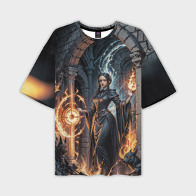 Мужская футболка oversize 3D с принтом Ведьма с черными собаками и огонь в руинах в Белгороде,  |  | 