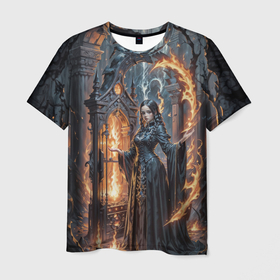 Мужская футболка 3D с принтом Готическая ведьма и огонь в подземелье в Санкт-Петербурге, 100% полиэфир | прямой крой, круглый вырез горловины, длина до линии бедер | 