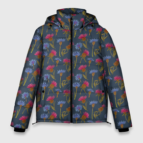 Мужская зимняя куртка 3D с принтом Васильки ботанический принт в Кировске, верх — 100% полиэстер; подкладка — 100% полиэстер; утеплитель — 100% полиэстер | длина ниже бедра, свободный силуэт Оверсайз. Есть воротник-стойка, отстегивающийся капюшон и ветрозащитная планка. 

Боковые карманы с листочкой на кнопках и внутренний карман на молнии. | Тематика изображения на принте: 