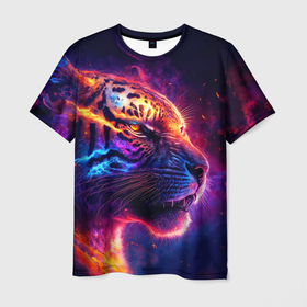 Мужская футболка 3D с принтом Космический звездный тигр в Петрозаводске, 100% полиэфир | прямой крой, круглый вырез горловины, длина до линии бедер | Тематика изображения на принте: 