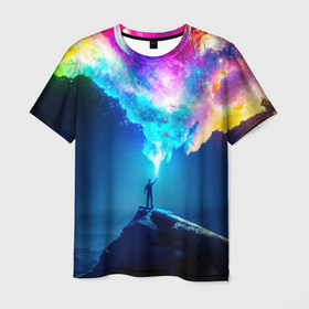 Мужская футболка 3D с принтом Цветной космос и горы в Белгороде, 100% полиэфир | прямой крой, круглый вырез горловины, длина до линии бедер | 