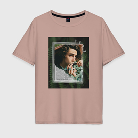Мужская футболка хлопок Oversize с принтом Тимоти Шаламе с губной гармошкой в Петрозаводске, 100% хлопок | свободный крой, круглый ворот, “спинка” длиннее передней части | 