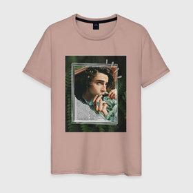 Мужская футболка хлопок с принтом Тимоти Шаламе с губной гармошкой в Екатеринбурге, 100% хлопок | прямой крой, круглый вырез горловины, длина до линии бедер, слегка спущенное плечо. | 