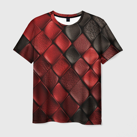 Мужская футболка 3D с принтом Кожаная красно черная текстура , 100% полиэфир | прямой крой, круглый вырез горловины, длина до линии бедер | 