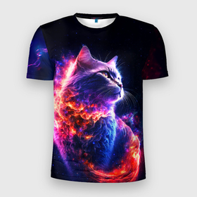 Мужская футболка 3D Slim с принтом Космический звездный кот в Санкт-Петербурге, 100% полиэстер с улучшенными характеристиками | приталенный силуэт, круглая горловина, широкие плечи, сужается к линии бедра | 