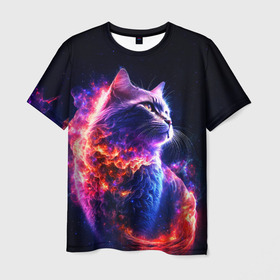 Мужская футболка 3D с принтом Космический звездный кот в Санкт-Петербурге, 100% полиэфир | прямой крой, круглый вырез горловины, длина до линии бедер | Тематика изображения на принте: 