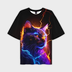 Мужская футболка oversize 3D с принтом Кот с молниями в Санкт-Петербурге,  |  | 