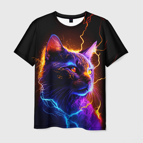 Мужская футболка 3D с принтом Кот с молниями , 100% полиэфир | прямой крой, круглый вырез горловины, длина до линии бедер | 