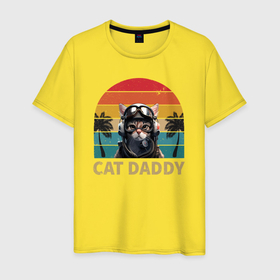 Мужская футболка хлопок с принтом кот папа пилот в Екатеринбурге, 100% хлопок | прямой крой, круглый вырез горловины, длина до линии бедер, слегка спущенное плечо. | Тематика изображения на принте: 
