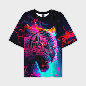 Мужская футболка oversize 3D с принтом Космический неоновый тигр ,  |  | Тематика изображения на принте: 