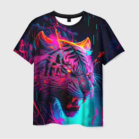Мужская футболка 3D с принтом Космический неоновый тигр в Кировске, 100% полиэфир | прямой крой, круглый вырез горловины, длина до линии бедер | 