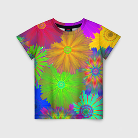 Детская футболка 3D с принтом Цветочный орнамент из плоских цветов в Екатеринбурге, 100% гипоаллергенный полиэфир | прямой крой, круглый вырез горловины, длина до линии бедер, чуть спущенное плечо, ткань немного тянется | 