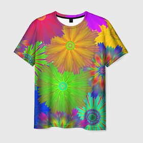 Мужская футболка 3D с принтом Цветочный орнамент из плоских цветов в Кировске, 100% полиэфир | прямой крой, круглый вырез горловины, длина до линии бедер | 