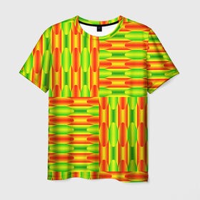 Мужская футболка 3D с принтом Паттерн зеленый с оранжевым в Новосибирске, 100% полиэфир | прямой крой, круглый вырез горловины, длина до линии бедер | 