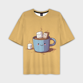 Мужская футболка oversize 3D с принтом Кружка кофе с маршмеллоу в Новосибирске,  |  | Тематика изображения на принте: 