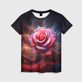 Женская футболка 3D с принтом Алая космическая роза   Нейросеть в Петрозаводске, 100% полиэфир ( синтетическое хлопкоподобное полотно) | прямой крой, круглый вырез горловины, длина до линии бедер | 