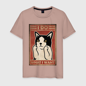 Мужская футболка хлопок с принтом I do what I want  кот и фак в Белгороде, 100% хлопок | прямой крой, круглый вырез горловины, длина до линии бедер, слегка спущенное плечо. | 