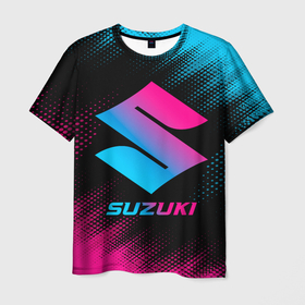 Мужская футболка 3D с принтом Suzuki   neon gradient , 100% полиэфир | прямой крой, круглый вырез горловины, длина до линии бедер | 