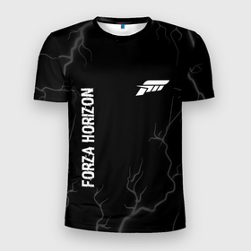 Мужская футболка 3D Slim с принтом Forza Horizon glitch на темном фоне: надпись, символ в Новосибирске, 100% полиэстер с улучшенными характеристиками | приталенный силуэт, круглая горловина, широкие плечи, сужается к линии бедра | 