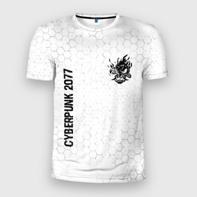 Мужская футболка 3D Slim с принтом Cyberpunk 2077 glitch на светлом фоне: надпись, символ в Екатеринбурге, 100% полиэстер с улучшенными характеристиками | приталенный силуэт, круглая горловина, широкие плечи, сужается к линии бедра | 