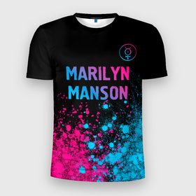 Мужская футболка 3D Slim с принтом Marilyn Manson   neon gradient: символ сверху в Новосибирске, 100% полиэстер с улучшенными характеристиками | приталенный силуэт, круглая горловина, широкие плечи, сужается к линии бедра | Тематика изображения на принте: 