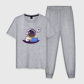 Мужская пижама хлопок с принтом Космонавт программист с ноутбуком в Петрозаводске, 100% хлопок | брюки и футболка прямого кроя, без карманов, на брюках мягкая резинка на поясе и по низу штанин
 | 