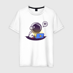 Мужская футболка хлопок с принтом Космонавт программист с ноутбуком в Тюмени, 100% хлопок | прямой крой, круглый вырез горловины, длина до линии бедер, слегка спущенное плечо. | Тематика изображения на принте: 