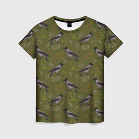 Женская футболка 3D с принтом Вороны и еловые веточки в Кировске, 100% полиэфир ( синтетическое хлопкоподобное полотно) | прямой крой, круглый вырез горловины, длина до линии бедер | 