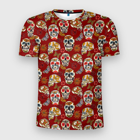 Мужская футболка 3D Slim с принтом Мексиканские черепа с бабочками в Екатеринбурге, 100% полиэстер с улучшенными характеристиками | приталенный силуэт, круглая горловина, широкие плечи, сужается к линии бедра | 