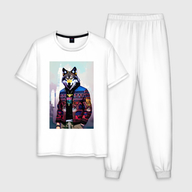 Мужская пижама хлопок с принтом Модный волчара   житель Нью Йорка   нейросеть в Петрозаводске, 100% хлопок | брюки и футболка прямого кроя, без карманов, на брюках мягкая резинка на поясе и по низу штанин
 | 