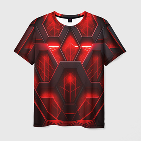Мужская футболка 3D с принтом Red space abstract , 100% полиэфир | прямой крой, круглый вырез горловины, длина до линии бедер | 