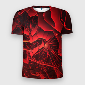 Мужская футболка 3D Slim с принтом Объемные красные  разломы в Кировске, 100% полиэстер с улучшенными характеристиками | приталенный силуэт, круглая горловина, широкие плечи, сужается к линии бедра | Тематика изображения на принте: 