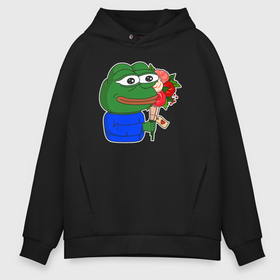 Мужское худи Oversize хлопок с принтом Лягушонок Пепе с цветами в Смоленске, френч-терри — 70% хлопок, 30% полиэстер. Мягкий теплый начес внутри —100% хлопок | боковые карманы, эластичные манжеты и нижняя кромка, капюшон на магнитной кнопке | Тематика изображения на принте: 