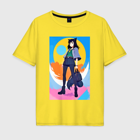 Мужская футболка хлопок Oversize с принтом Funny little wolf girl   anime   neural network в Петрозаводске, 100% хлопок | свободный крой, круглый ворот, “спинка” длиннее передней части | 