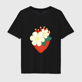 Мужская футболка хлопок Oversize с принтом Анатомическое сердце в цветах и листьях , 100% хлопок | свободный крой, круглый ворот, “спинка” длиннее передней части | 