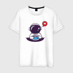 Мужская футболка хлопок с принтом Космонавт, кофе  и сердечко в Санкт-Петербурге, 100% хлопок | прямой крой, круглый вырез горловины, длина до линии бедер, слегка спущенное плечо. | 