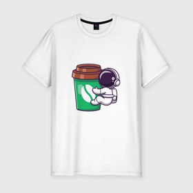 Мужская футболка хлопок Slim с принтом Милый космонавт с кофе в Санкт-Петербурге, 92% хлопок, 8% лайкра | приталенный силуэт, круглый вырез ворота, длина до линии бедра, короткий рукав | 