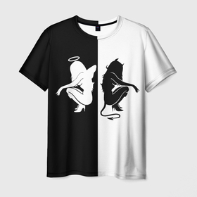 Мужская футболка 3D с принтом Ангел и Демон в Петрозаводске, 100% полиэфир | прямой крой, круглый вырез горловины, длина до линии бедер | 