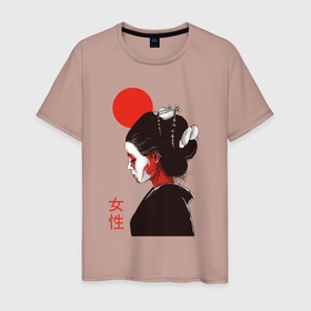 Мужская футболка хлопок с принтом Geisha sun в Екатеринбурге, 100% хлопок | прямой крой, круглый вырез горловины, длина до линии бедер, слегка спущенное плечо. | Тематика изображения на принте: 