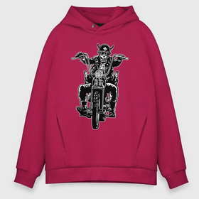 Мужское худи Oversize хлопок с принтом Skull biker with beer в Тюмени, френч-терри — 70% хлопок, 30% полиэстер. Мягкий теплый начес внутри —100% хлопок | боковые карманы, эластичные манжеты и нижняя кромка, капюшон на магнитной кнопке | 