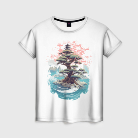 Женская футболка 3D с принтом Японское дерево и пагода в море , 100% полиэфир ( синтетическое хлопкоподобное полотно) | прямой крой, круглый вырез горловины, длина до линии бедер | 