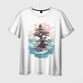 Мужская футболка 3D с принтом Японское дерево и пагода в море в Новосибирске, 100% полиэфир | прямой крой, круглый вырез горловины, длина до линии бедер | 