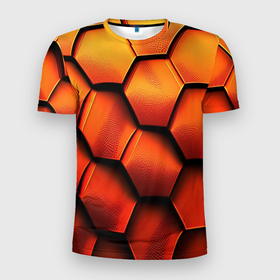 Мужская футболка 3D Slim с принтом Объемные оранжевые плиты в Новосибирске, 100% полиэстер с улучшенными характеристиками | приталенный силуэт, круглая горловина, широкие плечи, сужается к линии бедра | 