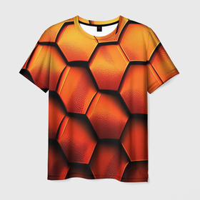 Мужская футболка 3D с принтом Объемные оранжевые плиты в Екатеринбурге, 100% полиэфир | прямой крой, круглый вырез горловины, длина до линии бедер | 