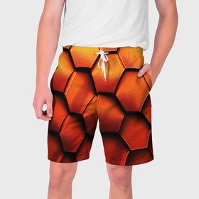 Мужские шорты 3D с принтом Объемные оранжевые плиты в Новосибирске,  полиэстер 100% | прямой крой, два кармана без застежек по бокам. Мягкая трикотажная резинка на поясе, внутри которой широкие завязки. Длина чуть выше колен | 